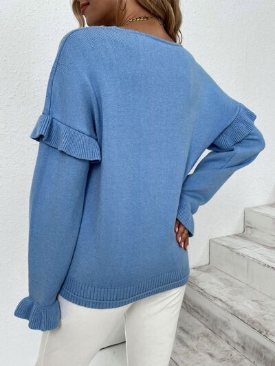 Ruffled V-Neck Dropped Shoulder Sweater