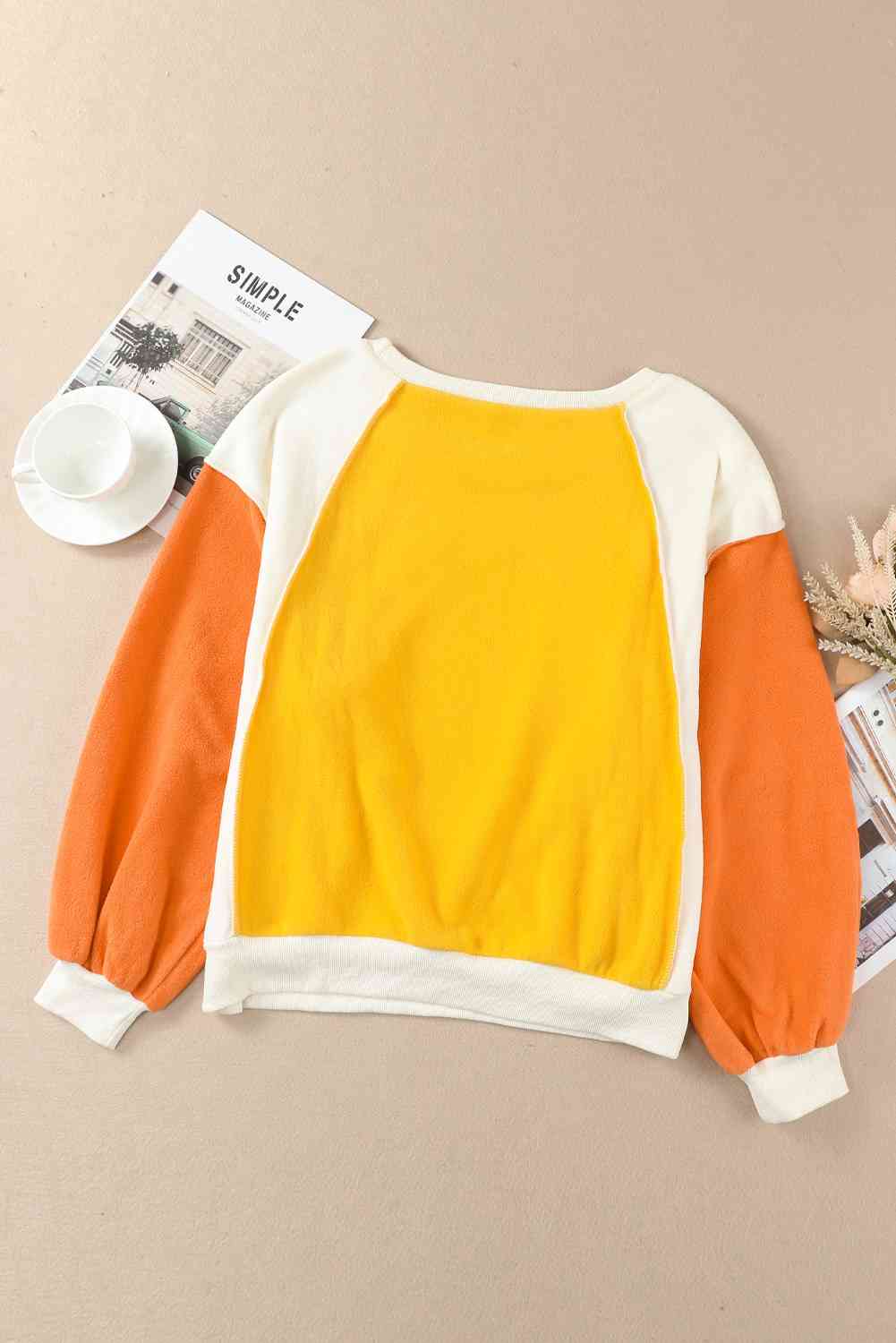 Round Neck Dropped Shoulder Color Block Sweatshirt