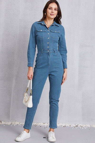 Snap Down Denim Jumpsuit with Pockets